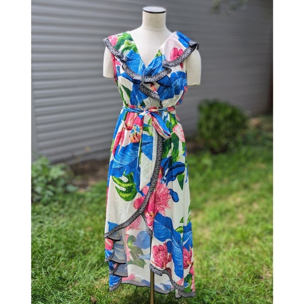 Pink Lily High-low tropical ruffle faux wrap dress XL Spring